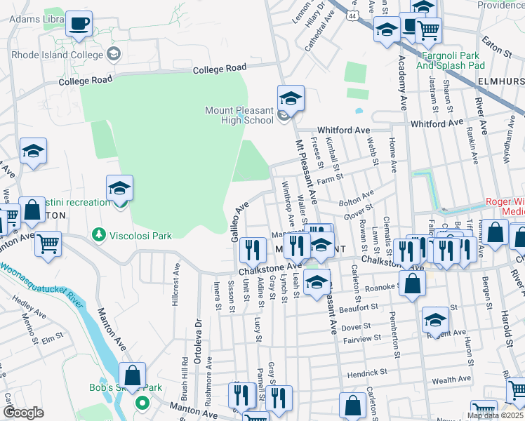 map of restaurants, bars, coffee shops, grocery stores, and more near 82 Samoset Avenue in Providence