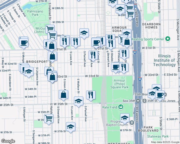 map of restaurants, bars, coffee shops, grocery stores, and more near 3242 South Normal Avenue in Chicago