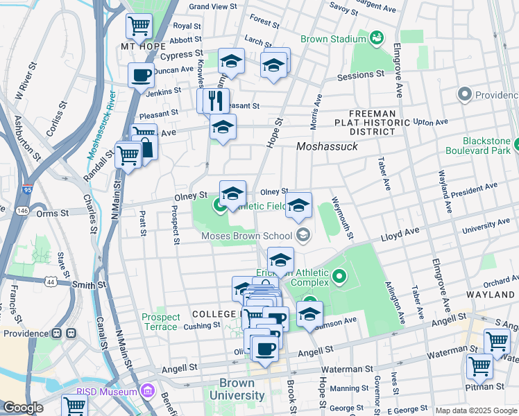 map of restaurants, bars, coffee shops, grocery stores, and more near 335 Hope Street in Providence