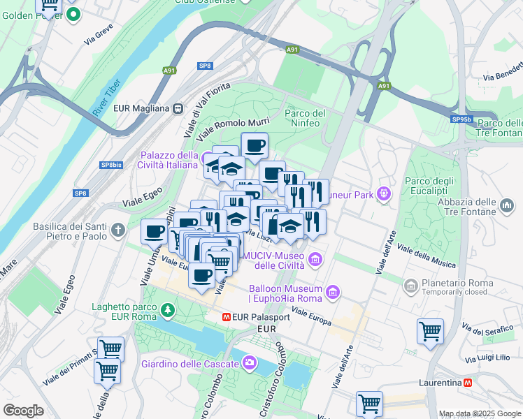 map of restaurants, bars, coffee shops, grocery stores, and more near 11 Viale Beethoven in Roma