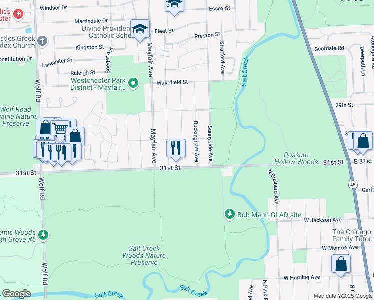 map of restaurants, bars, coffee shops, grocery stores, and more near 3021 Downing Avenue in Westchester