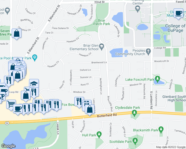 map of restaurants, bars, coffee shops, grocery stores, and more near 1351 Sussex Lane in Wheaton