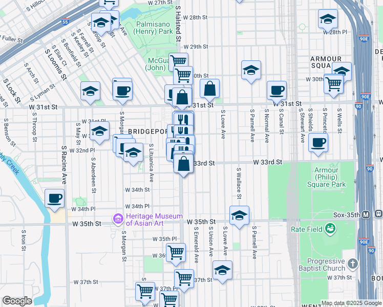 map of restaurants, bars, coffee shops, grocery stores, and more near 3240 South Emerald Avenue in Chicago