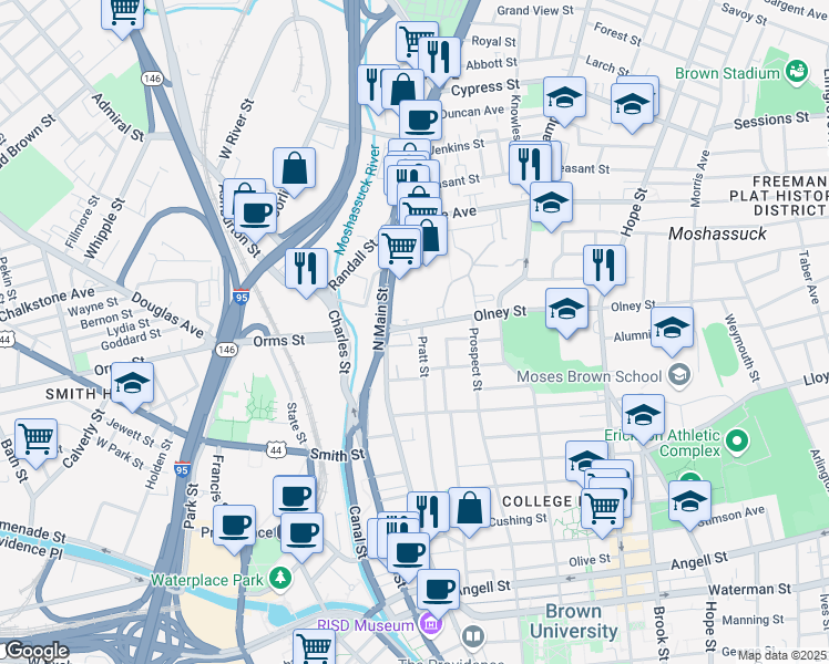 map of restaurants, bars, coffee shops, grocery stores, and more near 3 Pratt Street in Providence