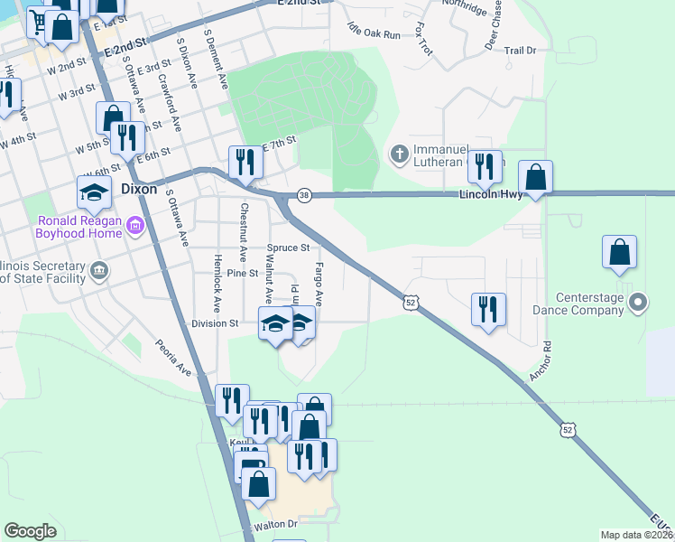 map of restaurants, bars, coffee shops, grocery stores, and more near 1009 Henderson Avenue in Dixon