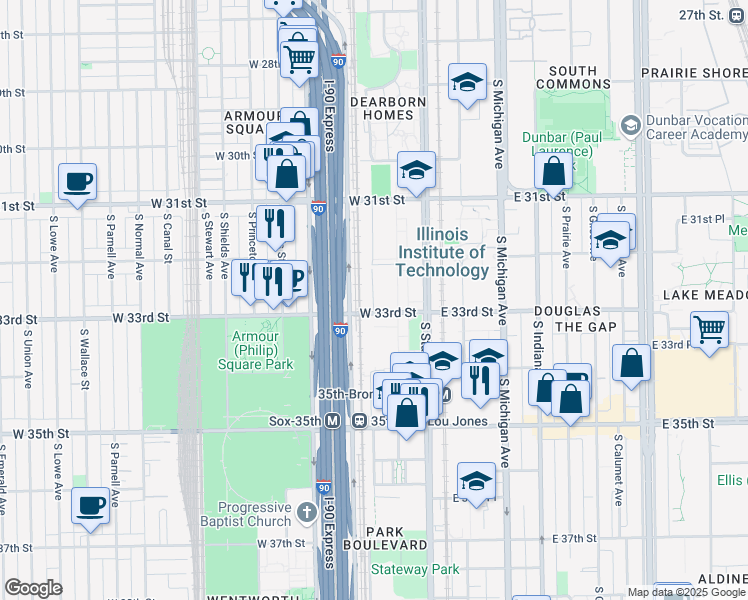 map of restaurants, bars, coffee shops, grocery stores, and more near 3137 South Federal Street in Chicago