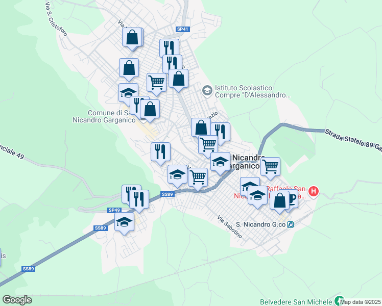 map of restaurants, bars, coffee shops, grocery stores, and more near 99 Via Giacomo Matteotti in San Nicandro Garganico
