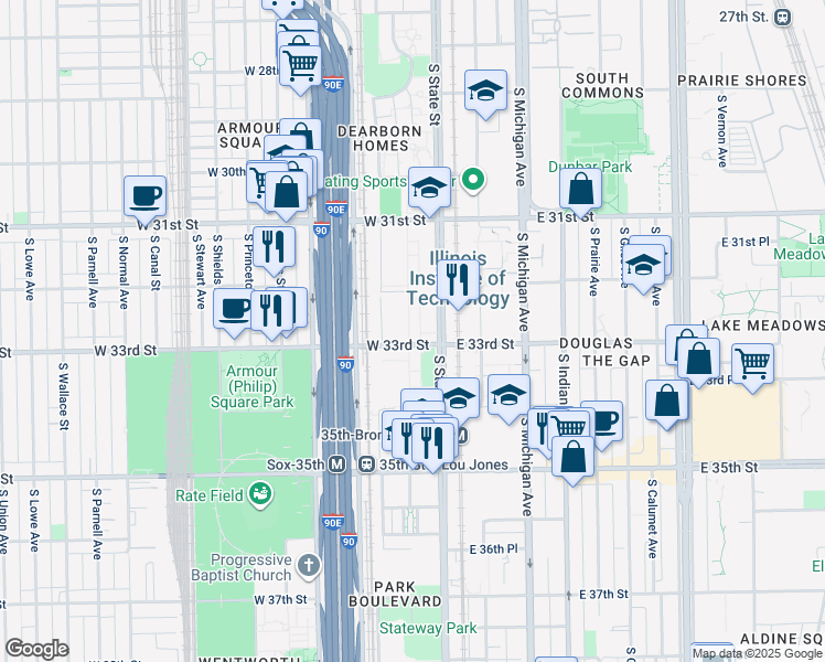 map of restaurants, bars, coffee shops, grocery stores, and more near 3255 South Dearborn Street in Chicago