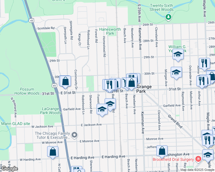 map of restaurants, bars, coffee shops, grocery stores, and more near 1111 Homestead Road in La Grange Park