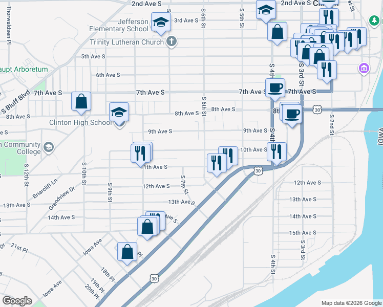 map of restaurants, bars, coffee shops, grocery stores, and more near 623 10th Avenue South in Clinton