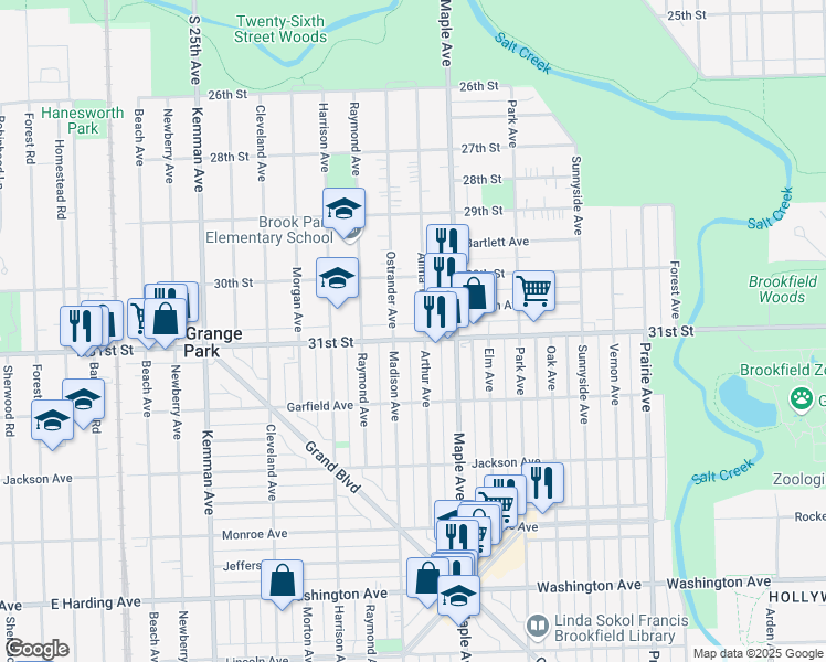 map of restaurants, bars, coffee shops, grocery stores, and more near 1815 East 31st Street in La Grange Park