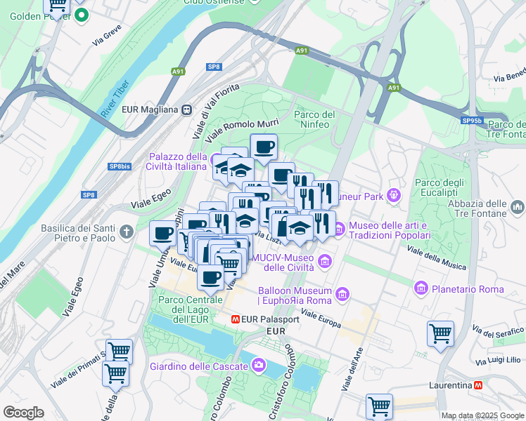 map of restaurants, bars, coffee shops, grocery stores, and more near 11 Viale Beethoven in Roma