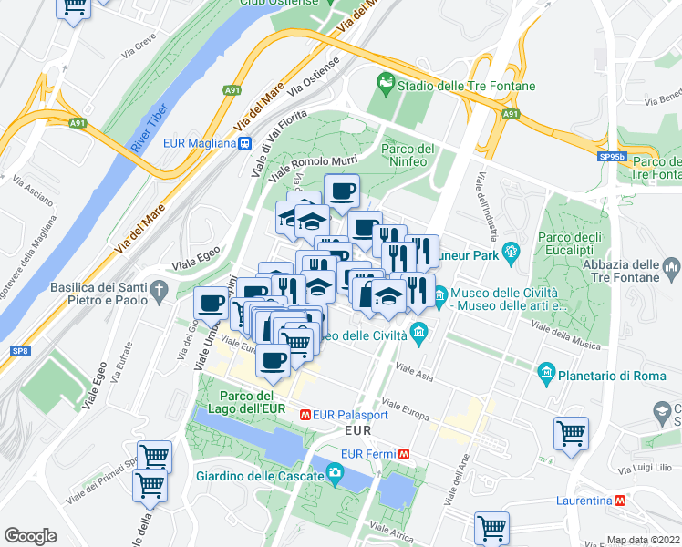 map of restaurants, bars, coffee shops, grocery stores, and more near 11 Viale Beethoven in Roma