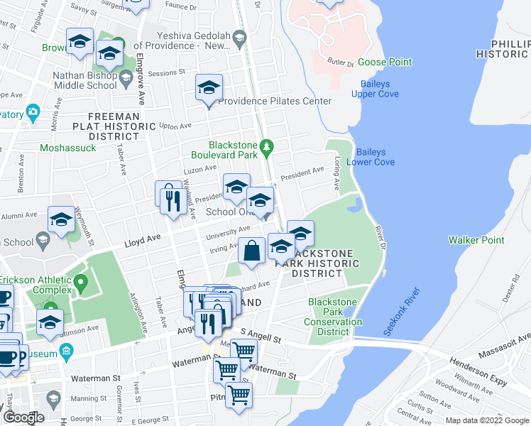 map of restaurants, bars, coffee shops, grocery stores, and more near 555 Lloyd Avenue in Providence