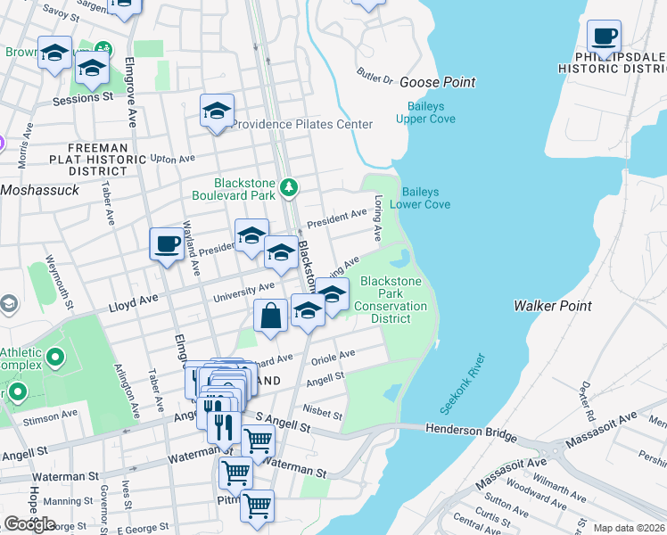 map of restaurants, bars, coffee shops, grocery stores, and more near 8 Grotto Avenue in Providence
