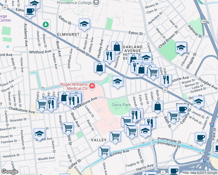 map of restaurants, bars, coffee shops, grocery stores, and more near 46 Garfield Ave in Providence