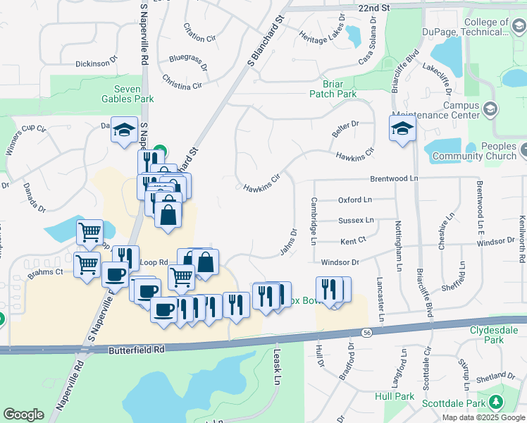 map of restaurants, bars, coffee shops, grocery stores, and more near 41 Kensington Circle in Wheaton
