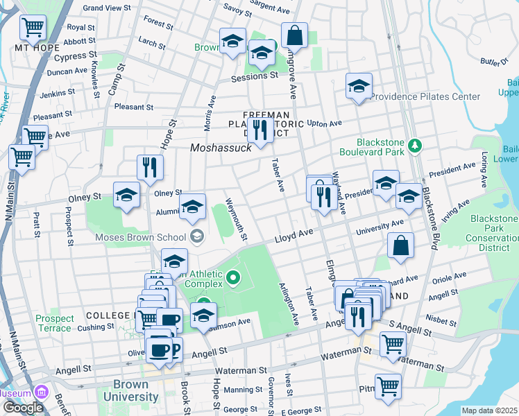 map of restaurants, bars, coffee shops, grocery stores, and more near 24 President Avenue in Providence