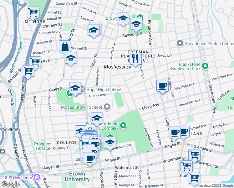 map of restaurants, bars, coffee shops, grocery stores, and more near in Providence