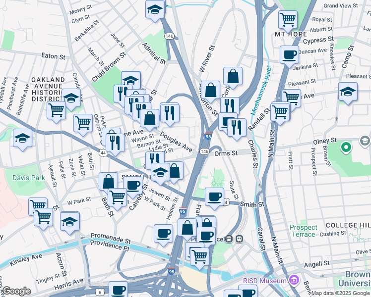 map of restaurants, bars, coffee shops, grocery stores, and more near 12 Goddard Street in Providence