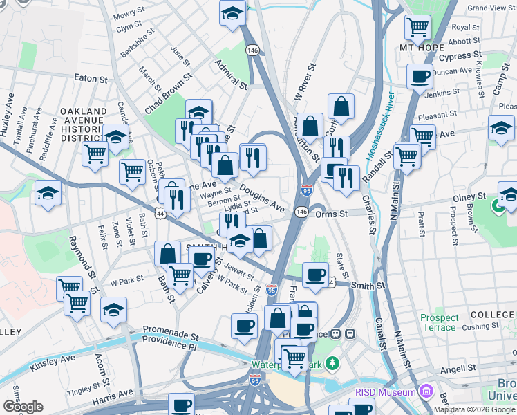 map of restaurants, bars, coffee shops, grocery stores, and more near 12 Goddard Street in Providence