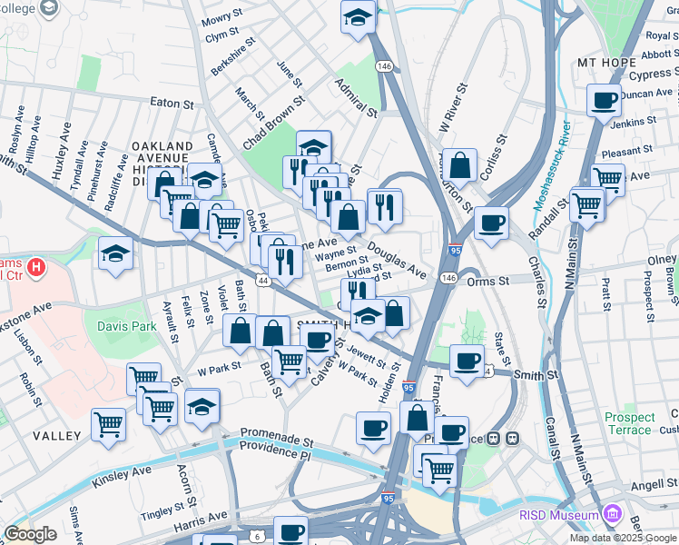 map of restaurants, bars, coffee shops, grocery stores, and more near 82 Lydia Street in Providence