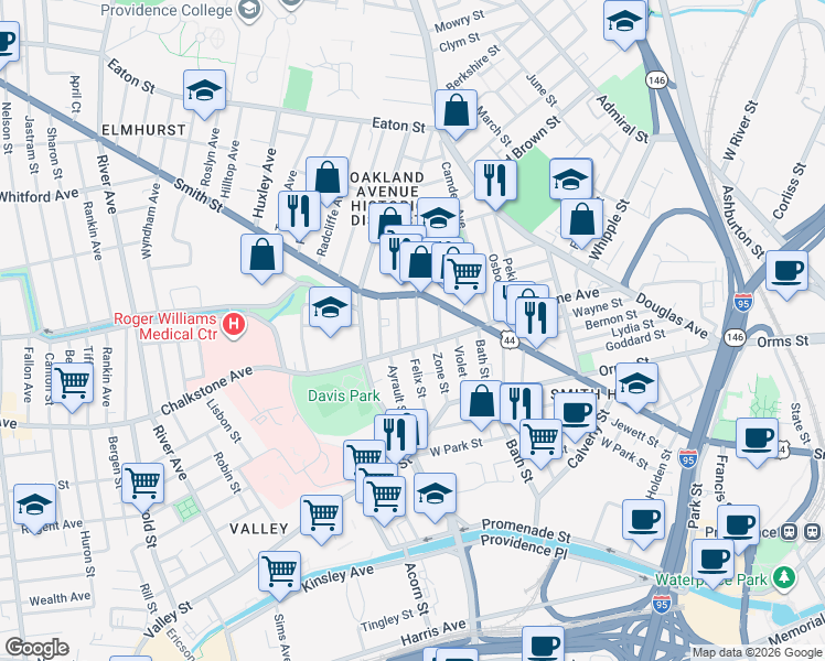 map of restaurants, bars, coffee shops, grocery stores, and more near 16 Ruggles Street in Providence
