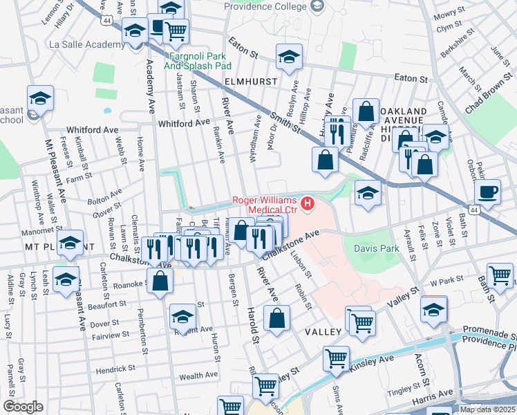 map of restaurants, bars, coffee shops, grocery stores, and more near 502 Pleasant Valley Parkway in Providence