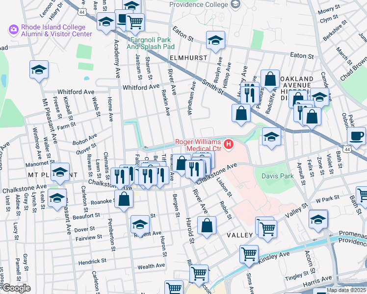 map of restaurants, bars, coffee shops, grocery stores, and more near 502 Pleasant Valley Parkway in Providence