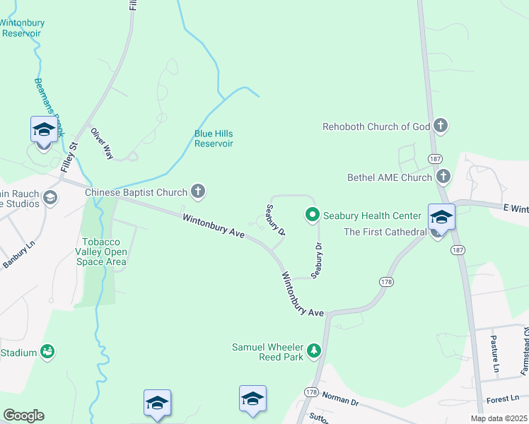 map of restaurants, bars, coffee shops, grocery stores, and more near 400 Seabury Drive in Bloomfield