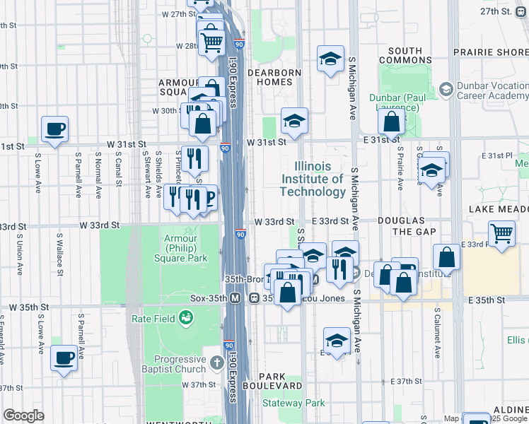 map of restaurants, bars, coffee shops, grocery stores, and more near 3001-3159 S Federal St in Chicago