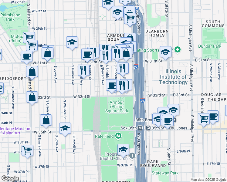 map of restaurants, bars, coffee shops, grocery stores, and more near 3246 South Princeton Avenue in Chicago