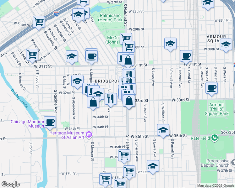 map of restaurants, bars, coffee shops, grocery stores, and more near 844 West 33rd Street in Chicago