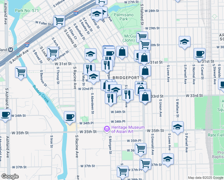 map of restaurants, bars, coffee shops, grocery stores, and more near 3245 South Morgan Street in Chicago