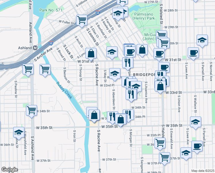 map of restaurants, bars, coffee shops, grocery stores, and more near 3228 South Aberdeen Street in Chicago