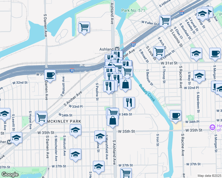 map of restaurants, bars, coffee shops, grocery stores, and more near 3216 South Ashland Avenue in Chicago