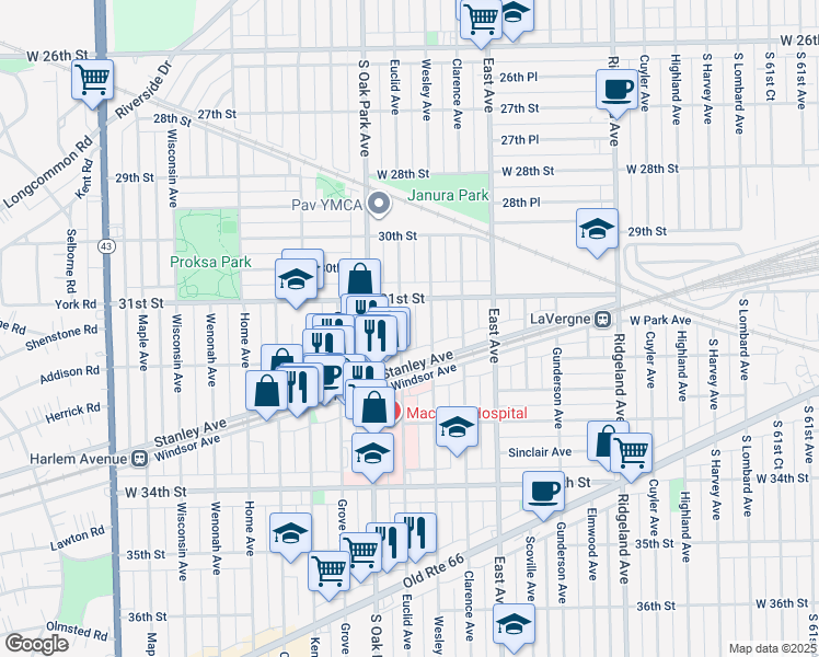 map of restaurants, bars, coffee shops, grocery stores, and more near 3128 Euclid Avenue in Berwyn