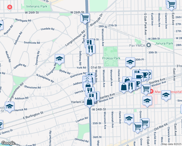 map of restaurants, bars, coffee shops, grocery stores, and more near 3121 South Harlem Avenue in Berwyn