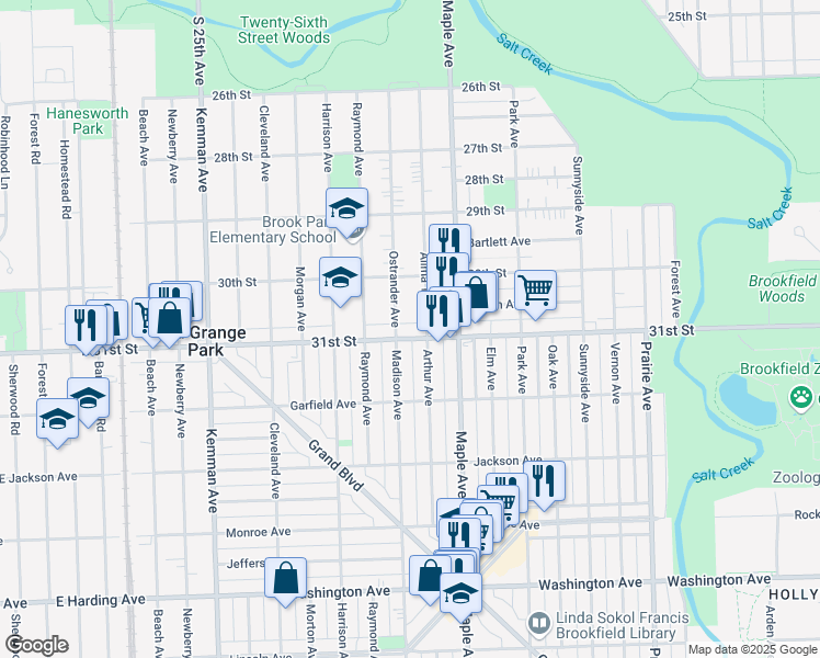 map of restaurants, bars, coffee shops, grocery stores, and more near 1815 East 31st Street in La Grange Park