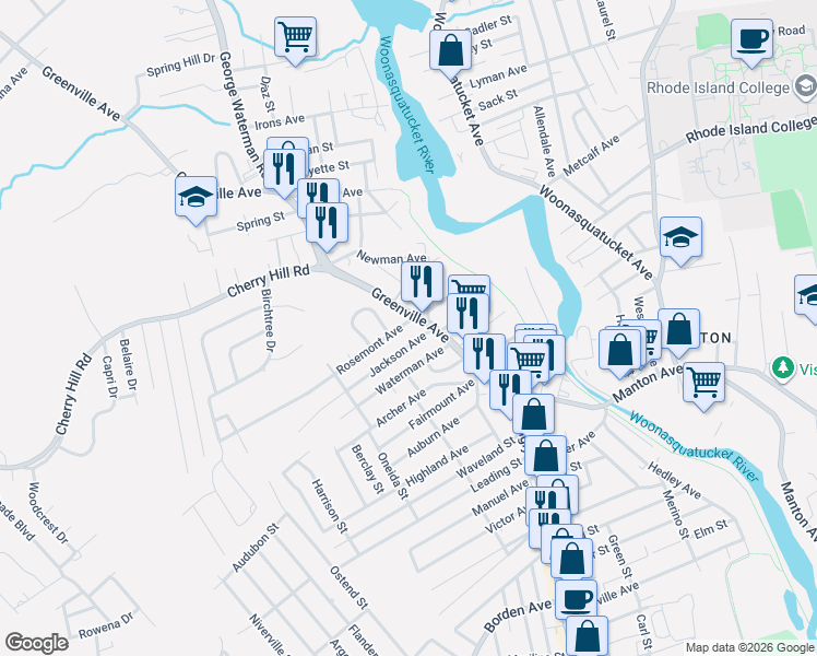 map of restaurants, bars, coffee shops, grocery stores, and more near 7 Jackson Avenue in Johnston
