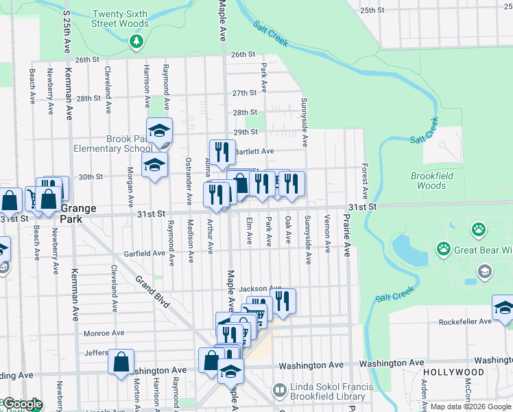 map of restaurants, bars, coffee shops, grocery stores, and more near in Brookfield