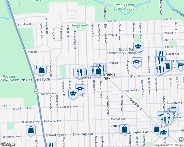 map of restaurants, bars, coffee shops, grocery stores, and more near 1112 Beach Avenue in La Grange Park
