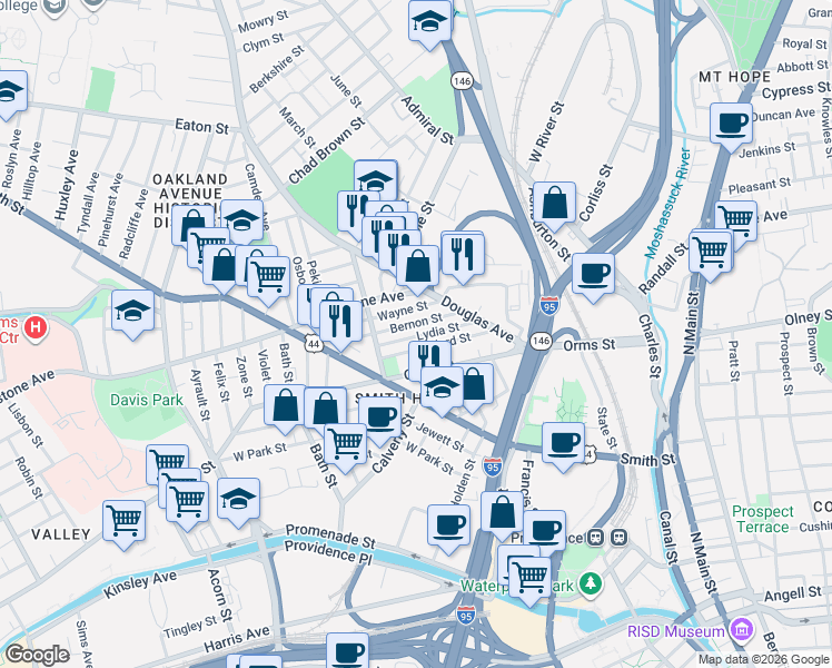 map of restaurants, bars, coffee shops, grocery stores, and more near 67 Lydia Street in Providence