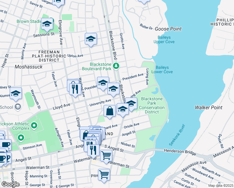 map of restaurants, bars, coffee shops, grocery stores, and more near 76 Blackstone Boulevard in Providence