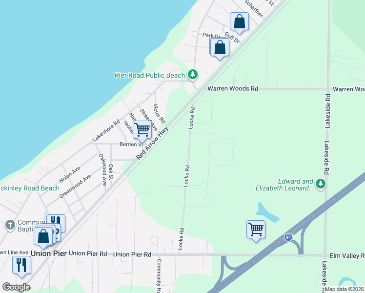 map of restaurants, bars, coffee shops, grocery stores, and more near 15724 Locke Road in Union Pier