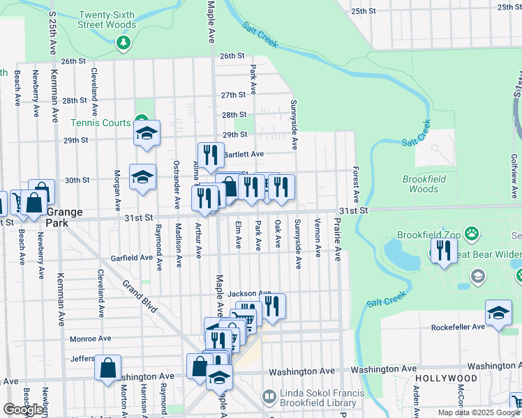 map of restaurants, bars, coffee shops, grocery stores, and more near 9042 31st Street in Brookfield
