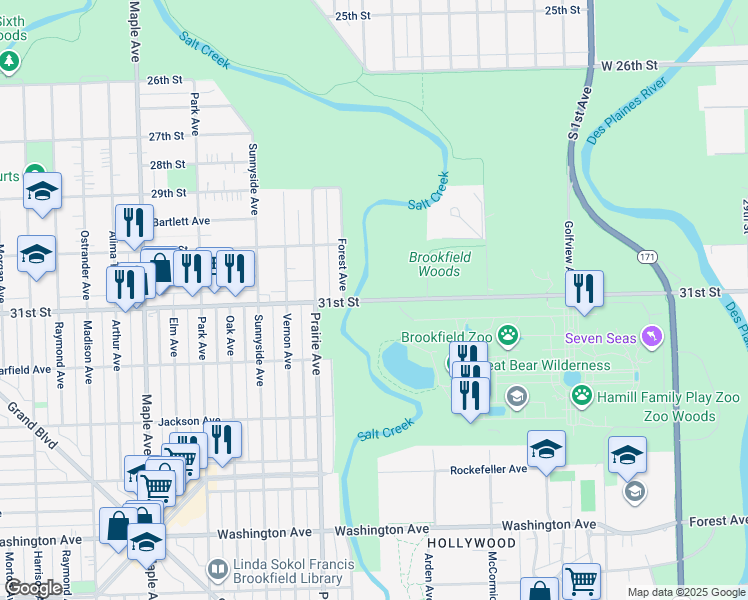 map of restaurants, bars, coffee shops, grocery stores, and more near 8700 31st Street in Brookfield