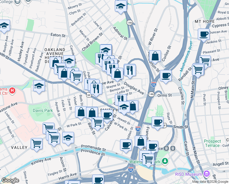 map of restaurants, bars, coffee shops, grocery stores, and more near 82 Lydia Street in Providence