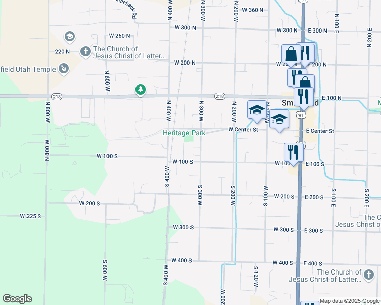 map of restaurants, bars, coffee shops, grocery stores, and more near 85 South 300 West in Smithfield