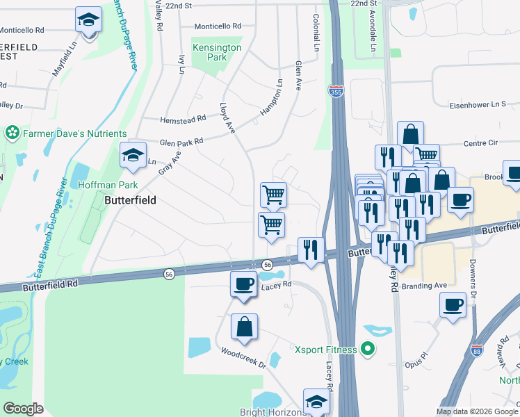 map of restaurants, bars, coffee shops, grocery stores, and more near 535 Lloyd Avenue in Lombard